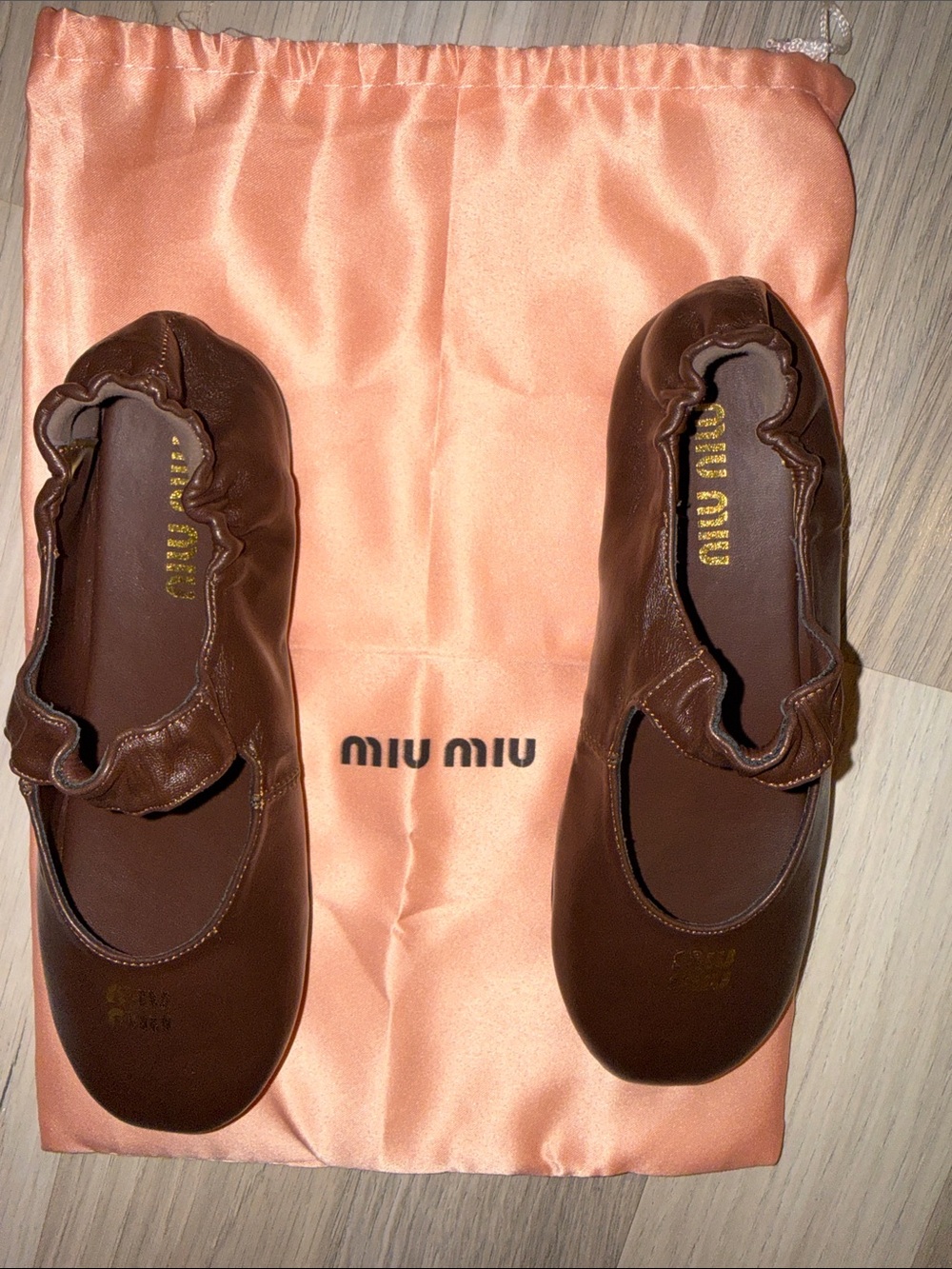 Miu Miu Black Leather Ballet Flat with Gold Logo - Picture 2 of 4